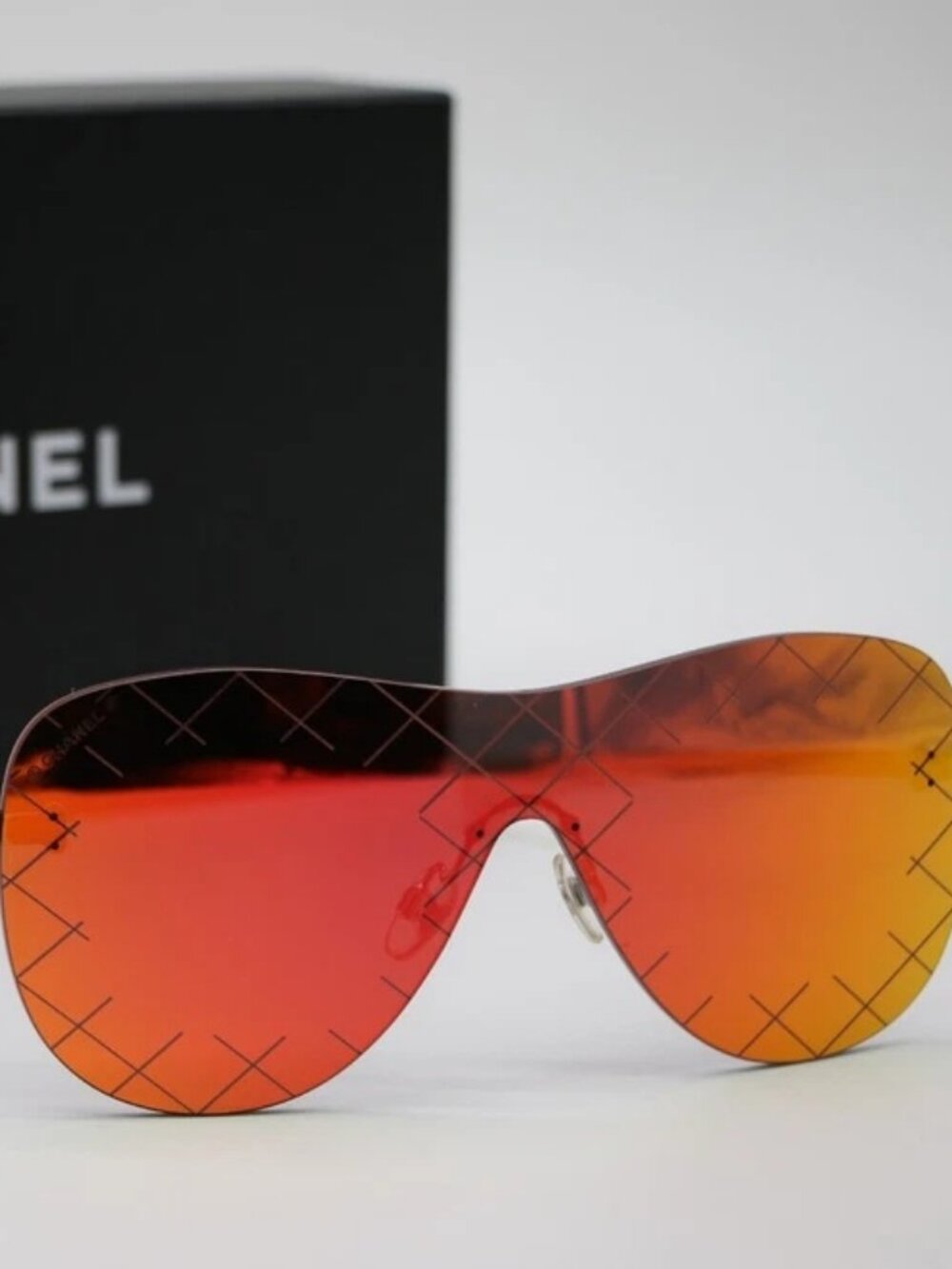 Chanel Silvertone Metal and Red Tinted Shield Sunglasses-71158